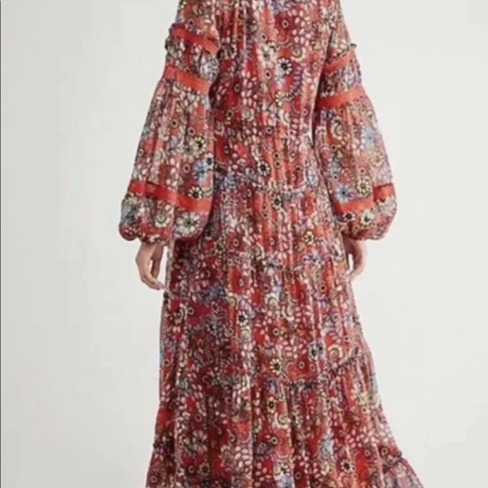 Free People Cassis Printed Chiffon Dress Tiered LinedFloral Red Pink Blue Yellow - Picture 2 of 6